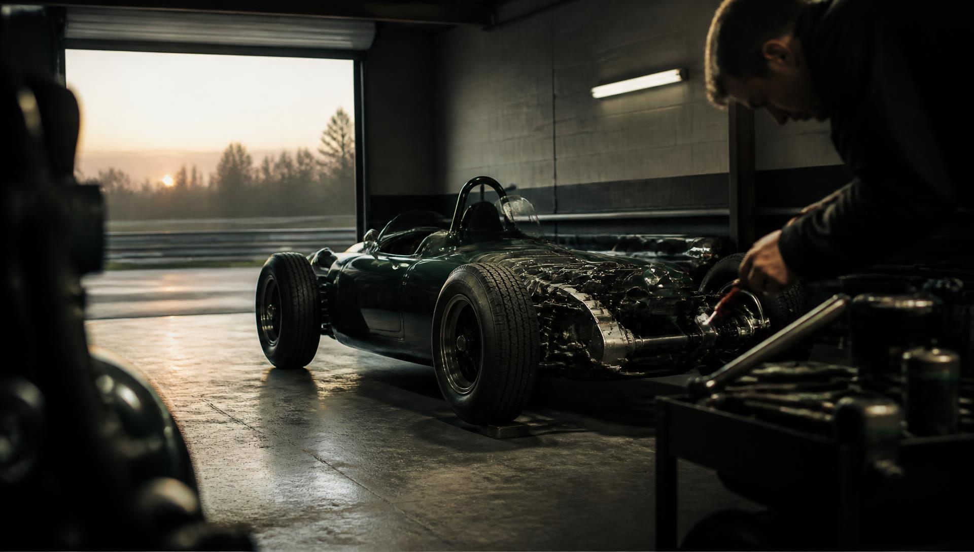 Historic race car being worked on in a garage