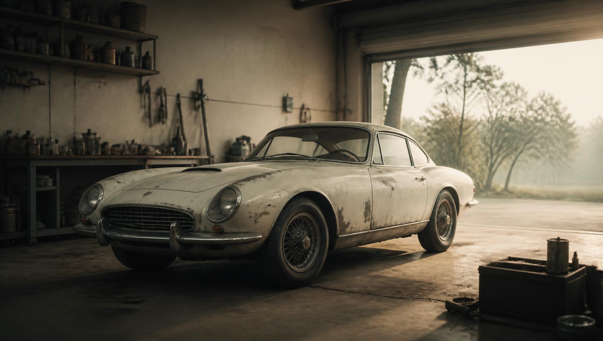 Weathered vintage European coupé in a garage at first light